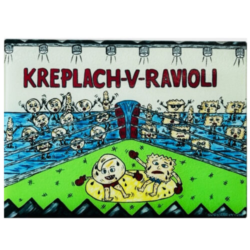 Kreplach v Ravioli Glass Cutting Board 15″ x 11″ - Original Artwork by Robin Babitt