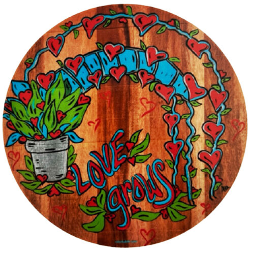 Love Grows Glass Cutting Board 12″ Round - Original Artwork by Robin Babitt