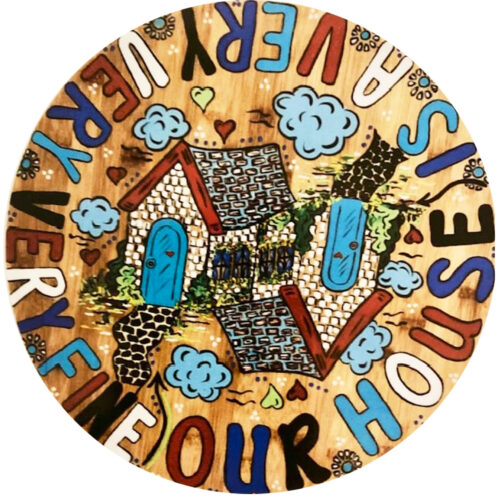 Our House Glass Cutting Board 12″ Round - Original Artwork by Robin Babitt