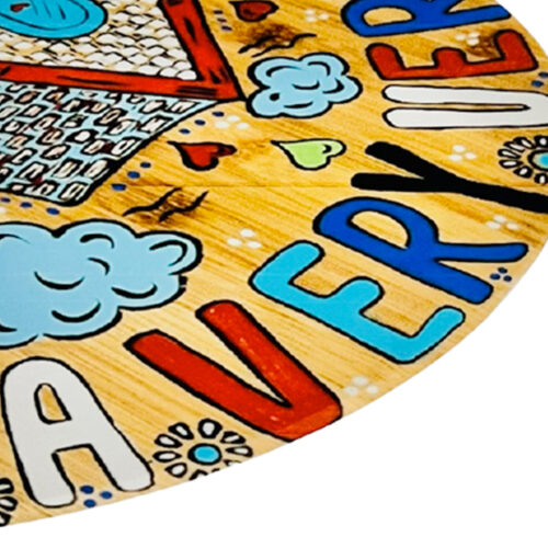 Our House Glass Cutting Board 12″ Round - side - Original Artwork by Robin Babitt