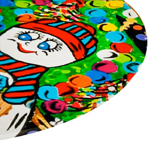 The Snowballs Glass Cutting Board 12″ Round - side- Original Artwork by Robin Babitt