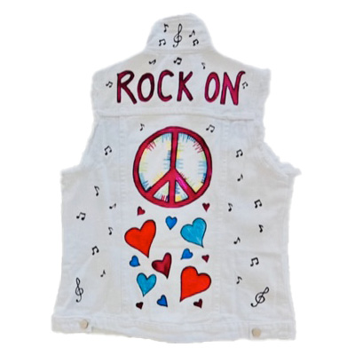 GOTTA LOVE DENIM Rock on Peace and Love White Denim Vest - Original Artwork by Robin Babitt